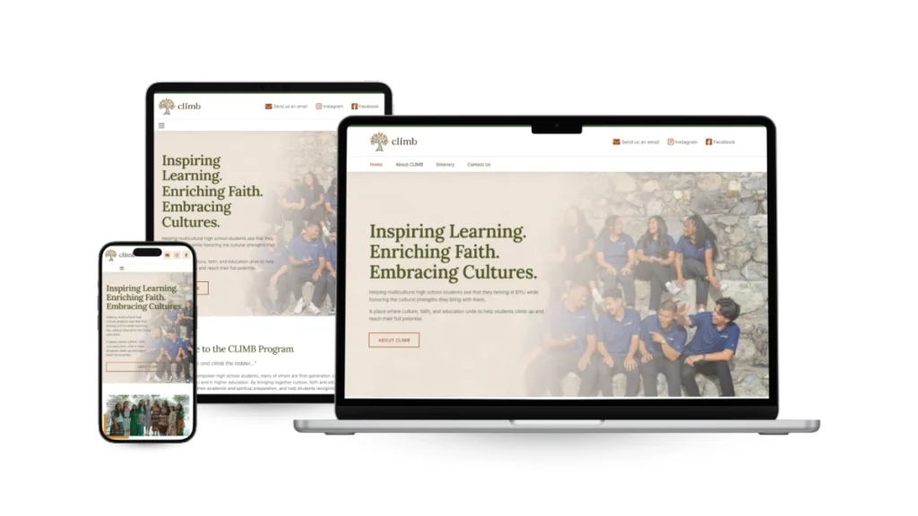 Our Work responsive website design displayed across desktop, laptop, tablet, and mobile devices for the CLIMB educational program