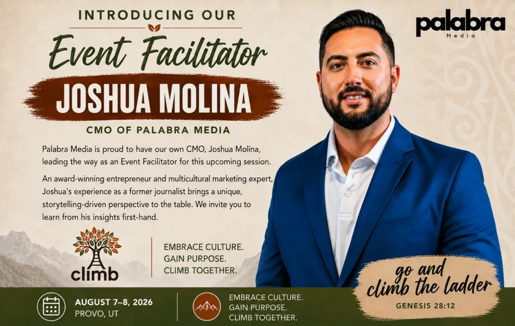 Event facilitator promotional graphic featuring Joshua Molina of Palabra Media for the August 7–8, 2026 professional and cultural events in Provo, Utah.