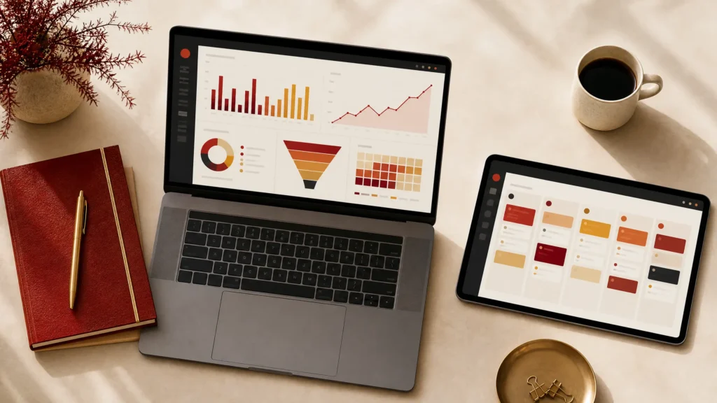 Digital marketing agency analytics dashboard on laptop and tablet showing marketing performance charts, data reports, and business growth metrics