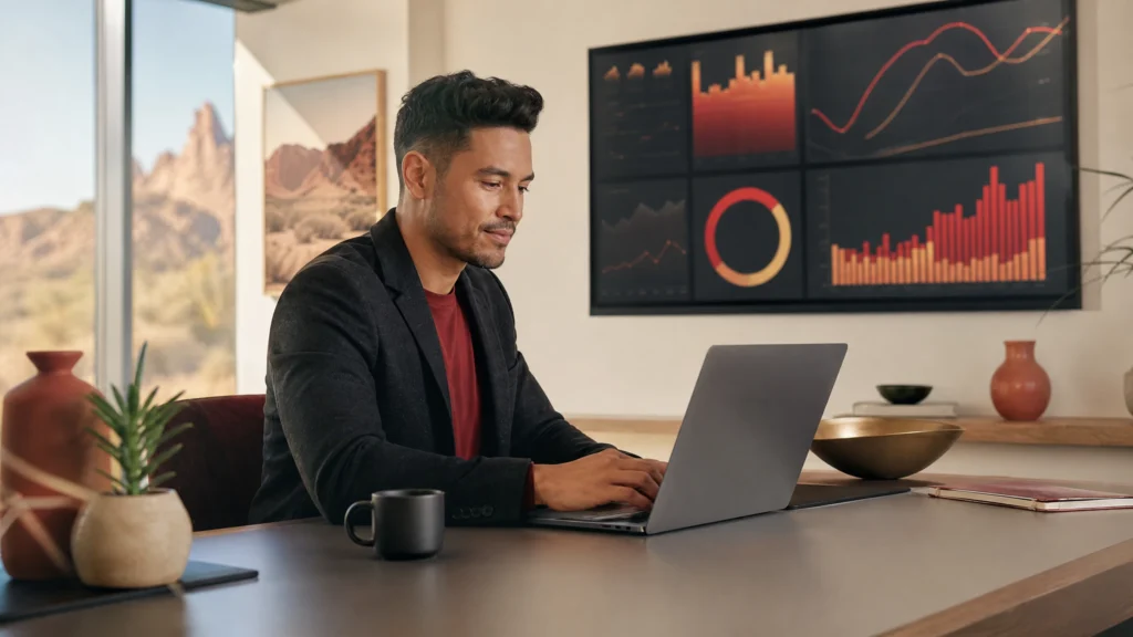 Digital marketing agency professional analyzing marketing analytics and performance data on a laptop in a modern workspace