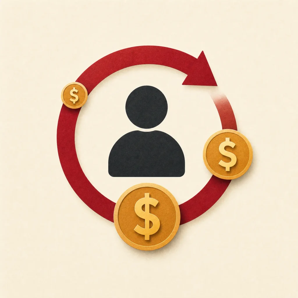 Digital marketing agency concept showing customer engagement and revenue growth with dollar symbols and circular arrows