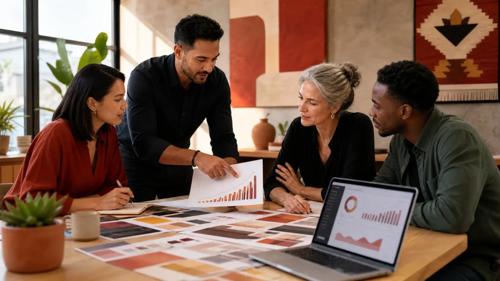Digital marketing agency team collaborating on a marketing strategy with charts, reports, and campaign visuals around a table
