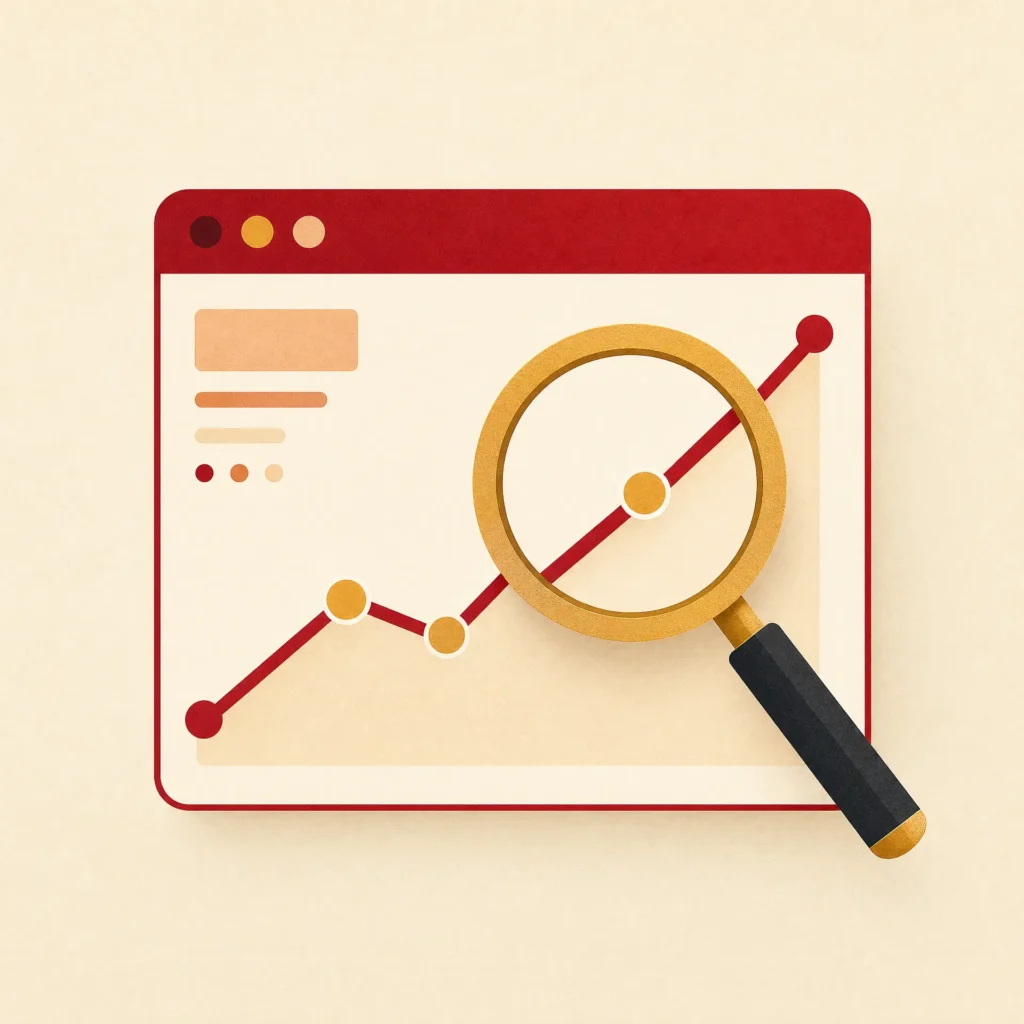 Digital marketing agency SEO analytics and website performance growth chart with magnifying glass