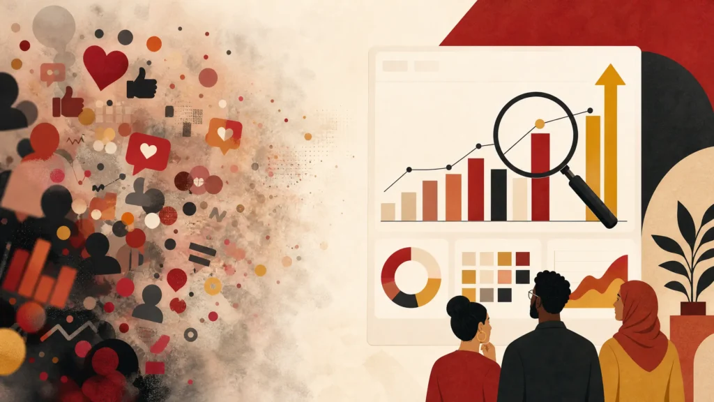 Digital marketing agency analytics strategy with social media engagement and growth charts